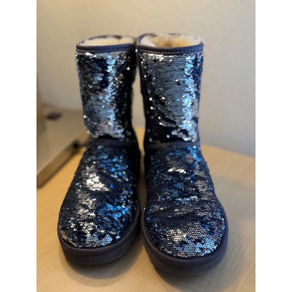 UGG Australia Classic‎ Short Sparkle Navy Silver Sequin Boots 1002978 Womens 7